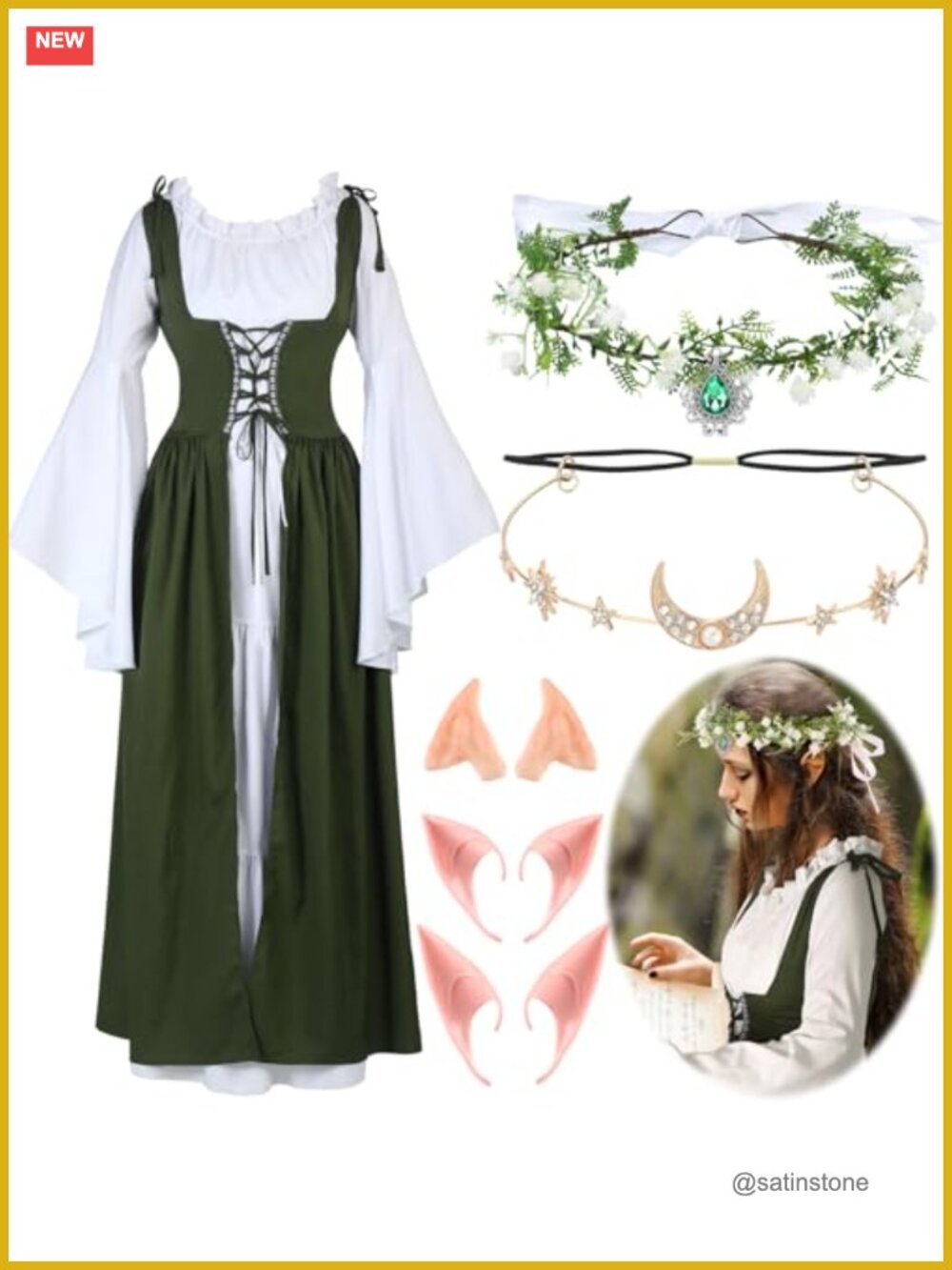 Renaissance Fairy Costume Set Corset Bell Sleeve Dress Cosplay